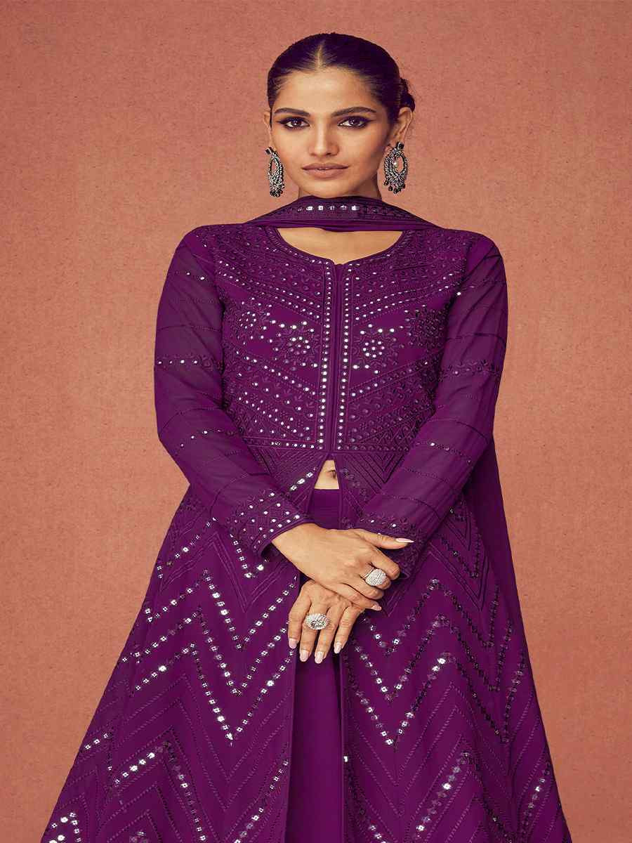 Purple Real Georgette Embroidered Festival Wedding Anarkali Salwar Kameez