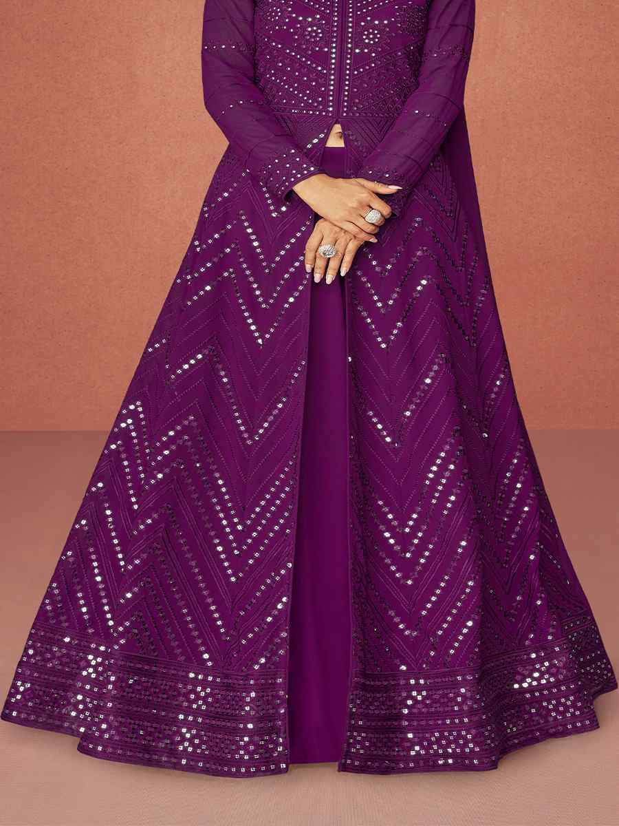 Purple Real Georgette Embroidered Festival Wedding Anarkali Salwar Kameez