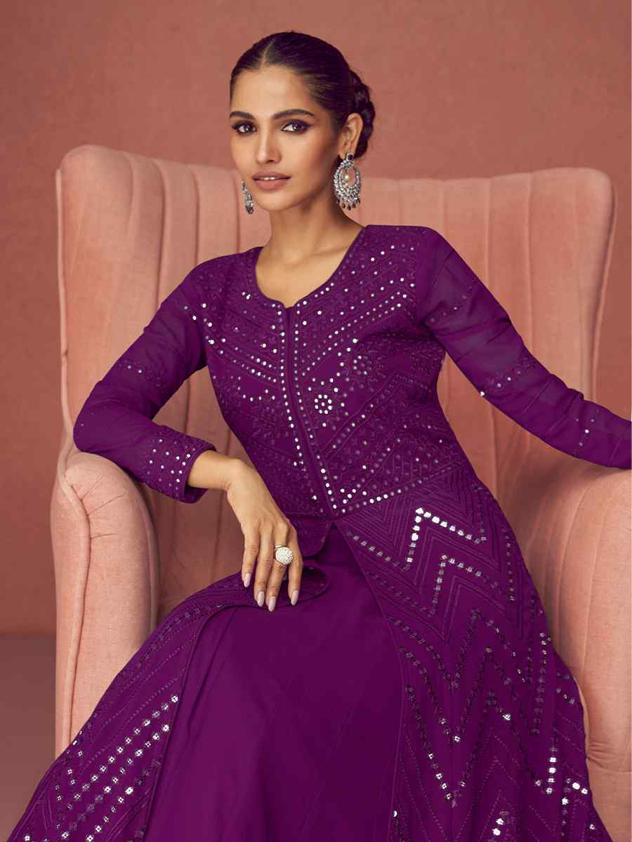 Purple Real Georgette Embroidered Festival Wedding Anarkali Salwar Kameez