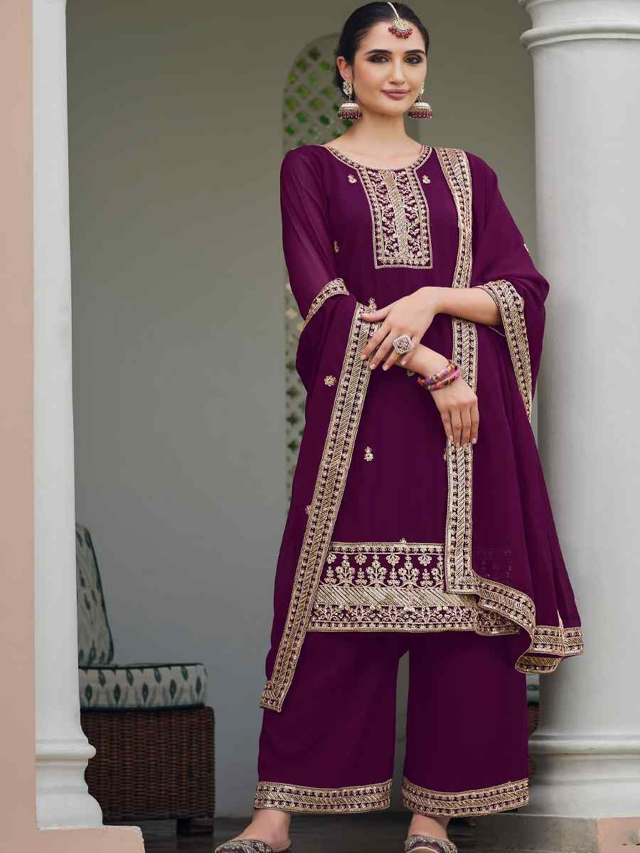 Purple Real Georgette Embroidered Festival Wedding Palazzo Pant Salwar Kameez