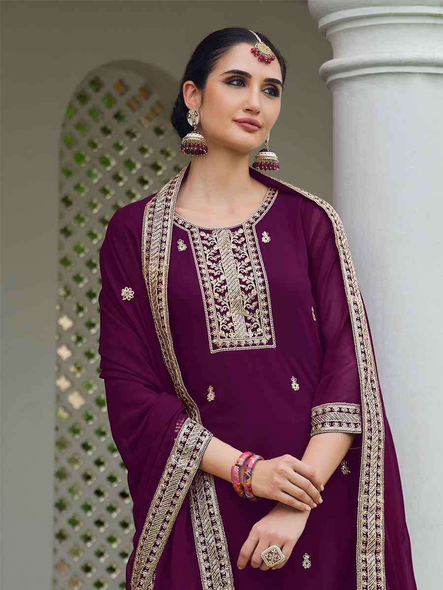 Purple Real Georgette Embroidered Festival Wedding Palazzo Pant Salwar Kameez