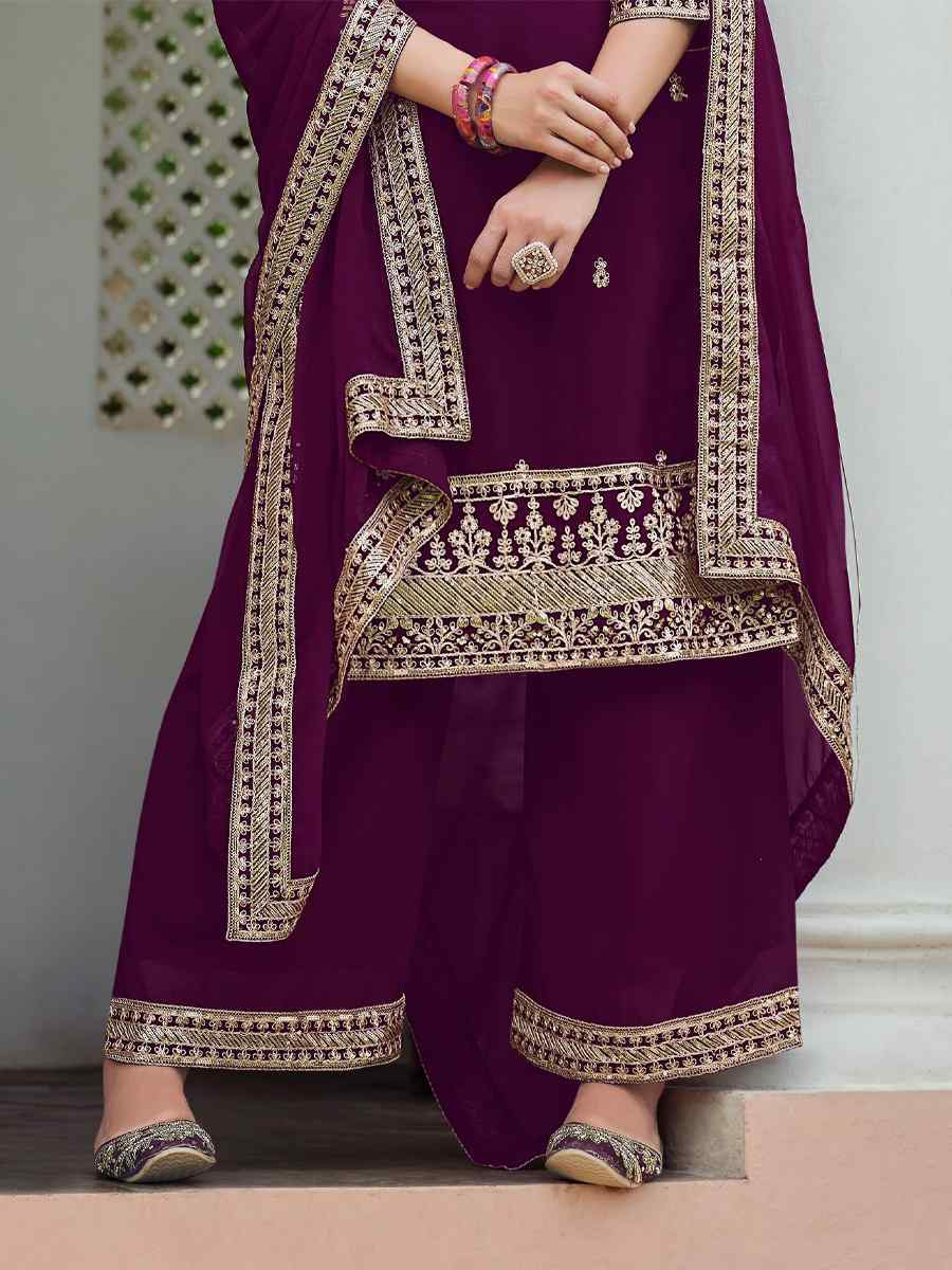 Purple Real Georgette Embroidered Festival Wedding Palazzo Pant Salwar Kameez