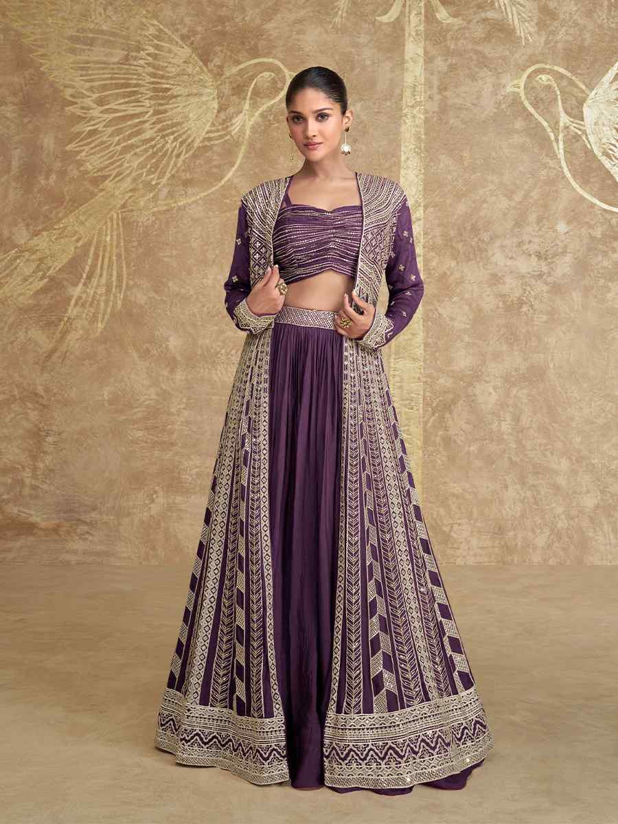 Purple Real Premium Chinon Silk Embroidered Wedding Festival Kurti Lehenga Choli