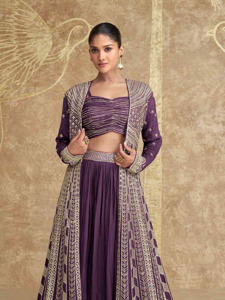 Purple Real Premium Chinon Silk Embroidered Wedding Festival Kurti Lehenga Choli