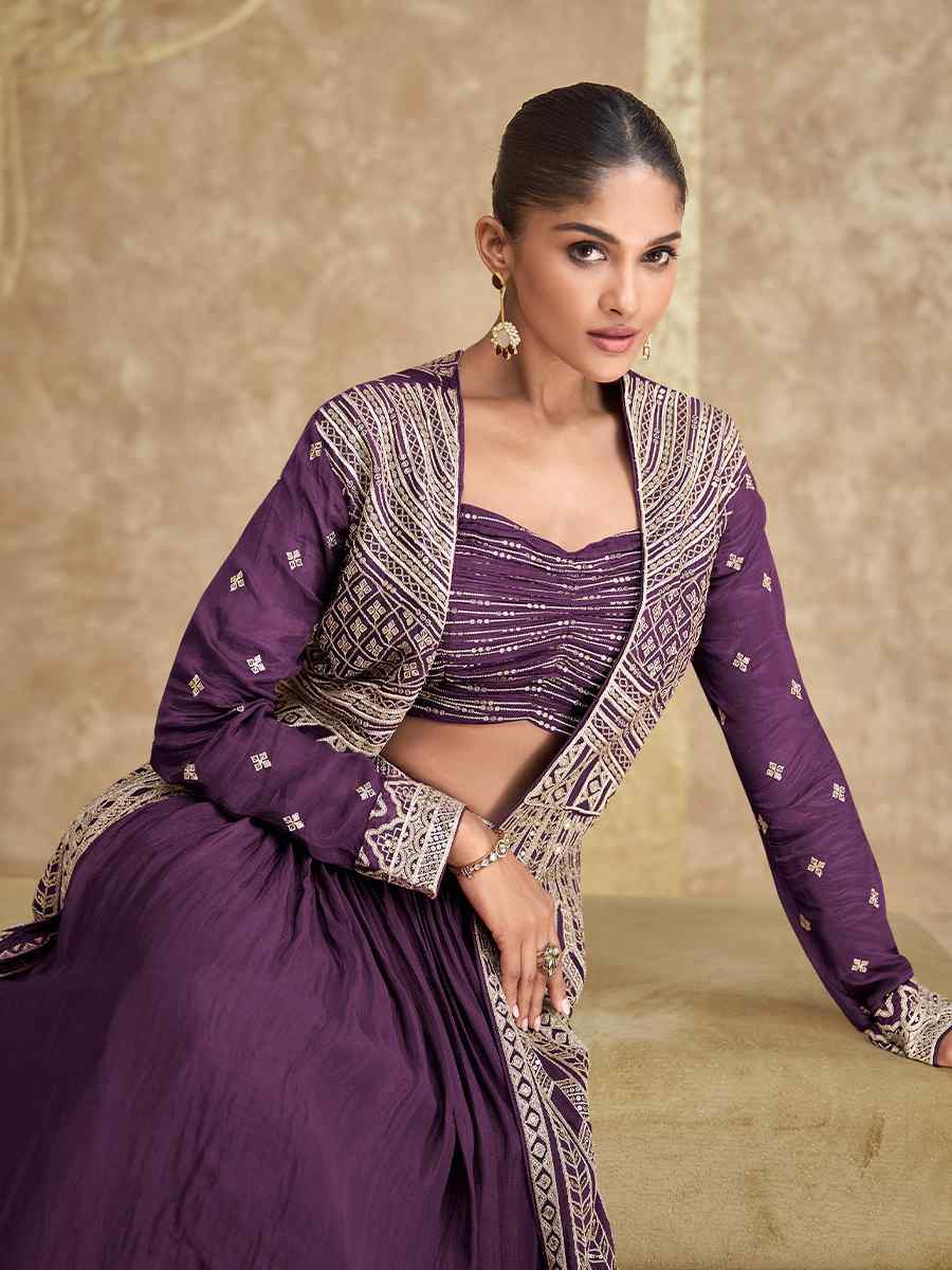 Purple Real Premium Chinon Silk Embroidered Wedding Festival Kurti Lehenga Choli