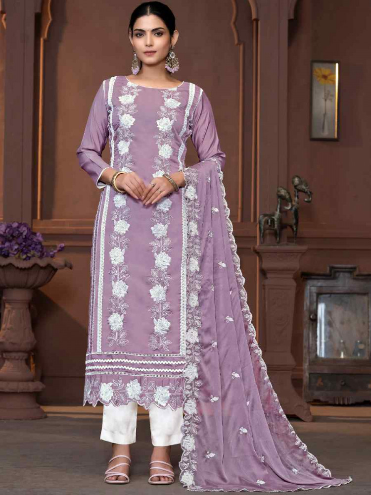 Purple Roman Silk Embroidered Casual Festival Pant Salwar Kameez