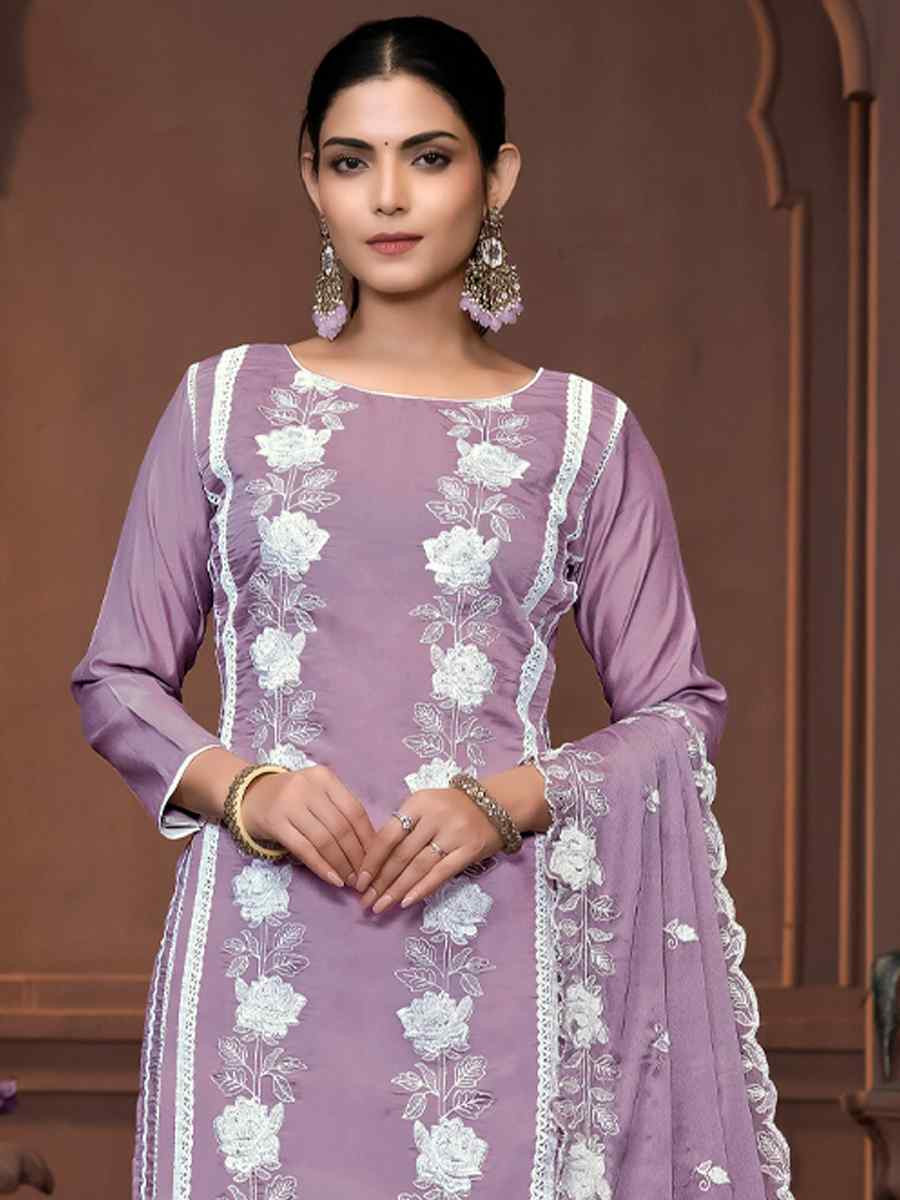 Purple Roman Silk Embroidered Casual Festival Pant Salwar Kameez