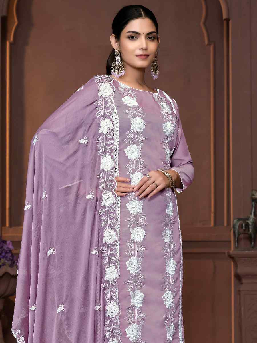 Purple Roman Silk Embroidered Casual Festival Pant Salwar Kameez