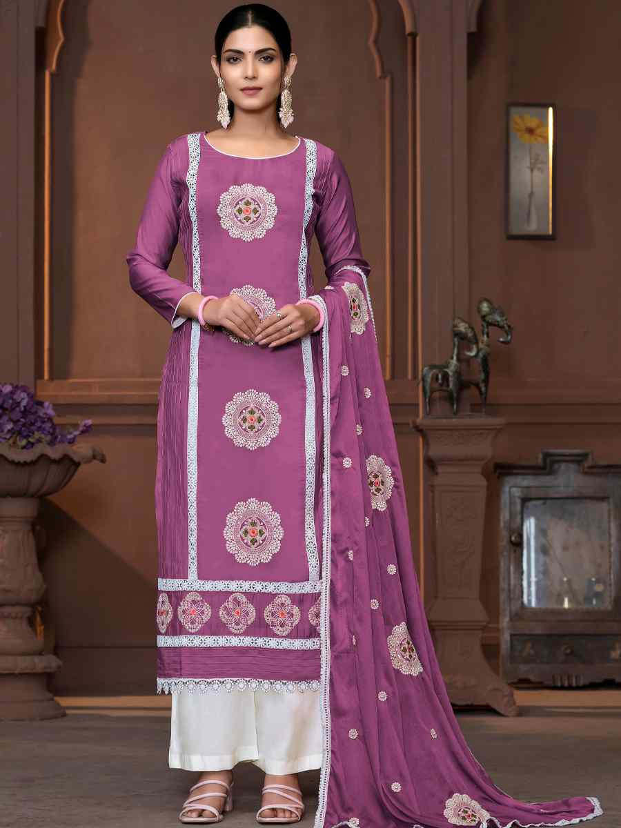 Purple Roman Silk Embroidered Casual Festival Pant Salwar Kameez