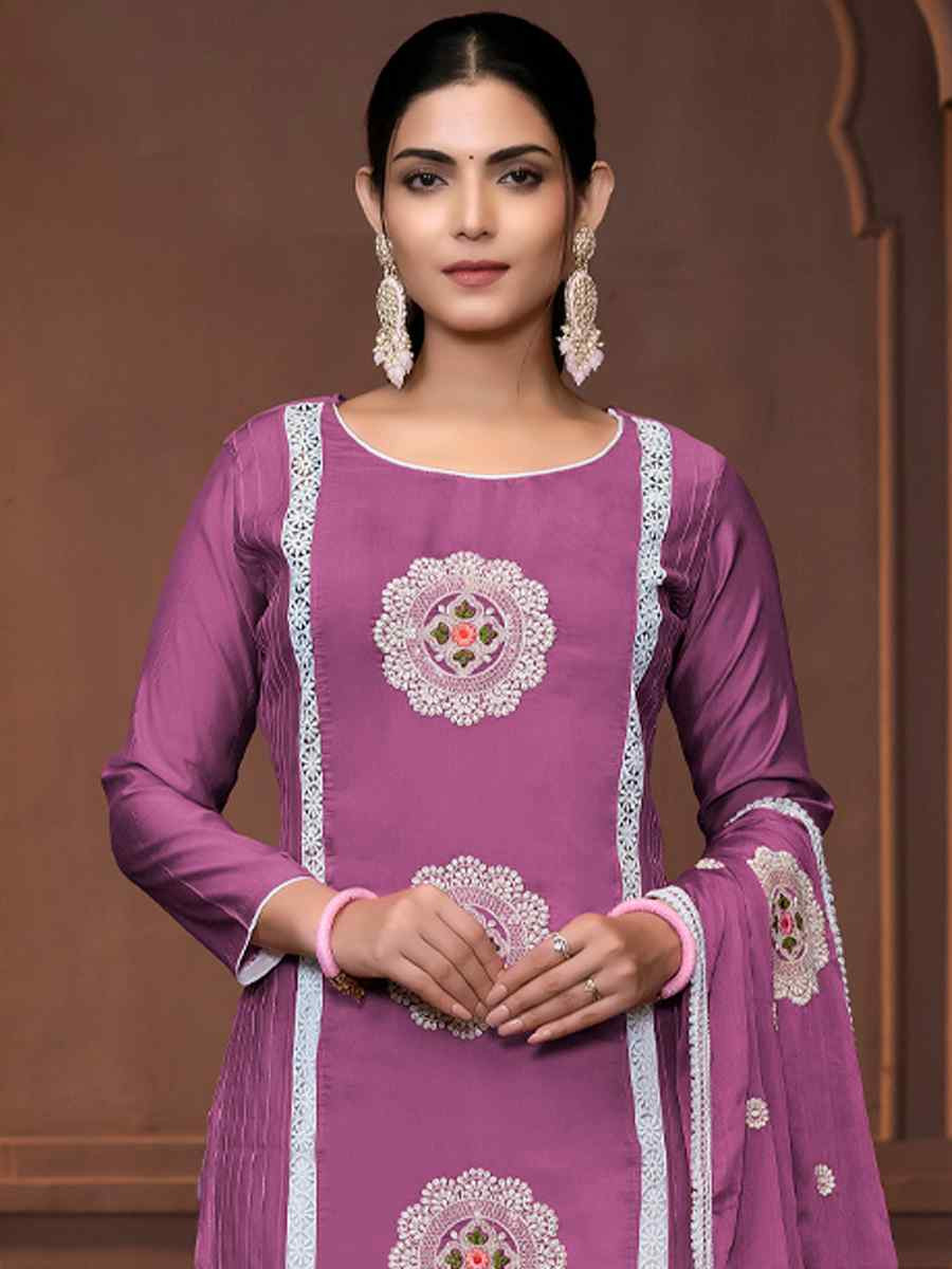 Purple Roman Silk Embroidered Casual Festival Pant Salwar Kameez