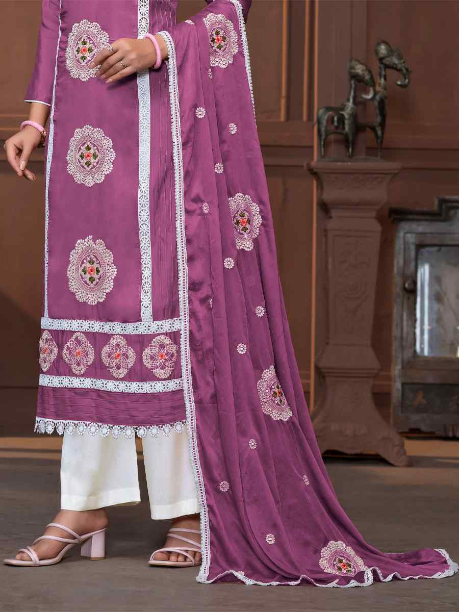 Purple Roman Silk Embroidered Casual Festival Pant Salwar Kameez