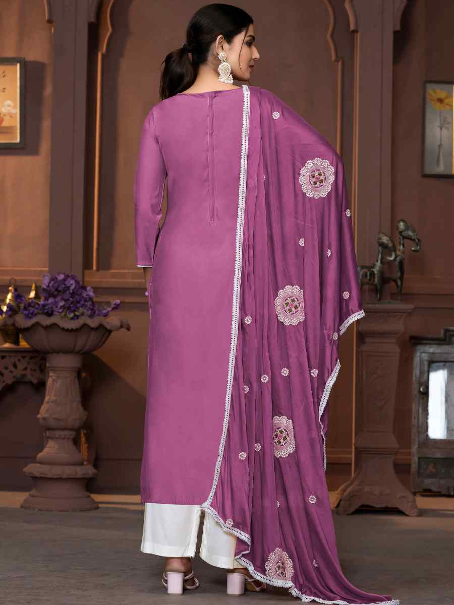 Purple Roman Silk Embroidered Casual Festival Pant Salwar Kameez