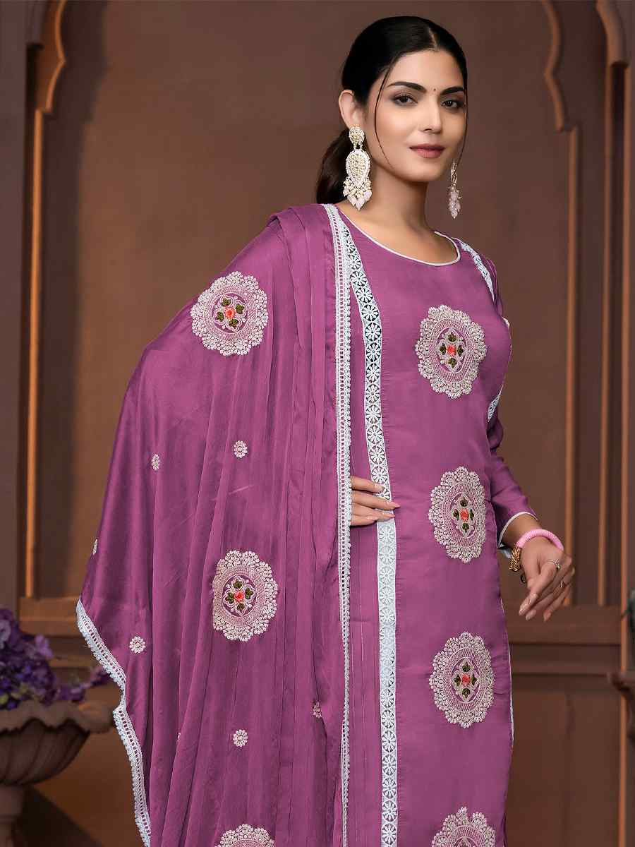 Purple Roman Silk Embroidered Casual Festival Pant Salwar Kameez