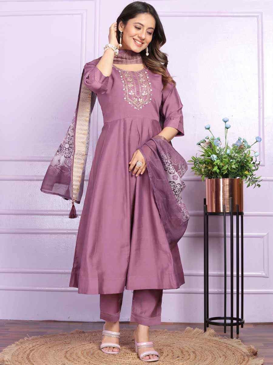 Purple Russian Silk Embroidered Festival Mehendi Ready Anarkali Salwar Kameez