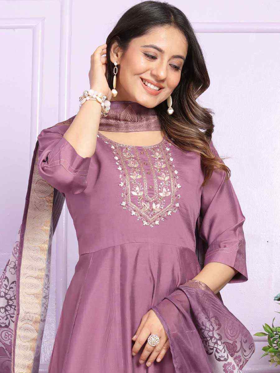 Purple Russian Silk Embroidered Festival Mehendi Ready Anarkali Salwar Kameez