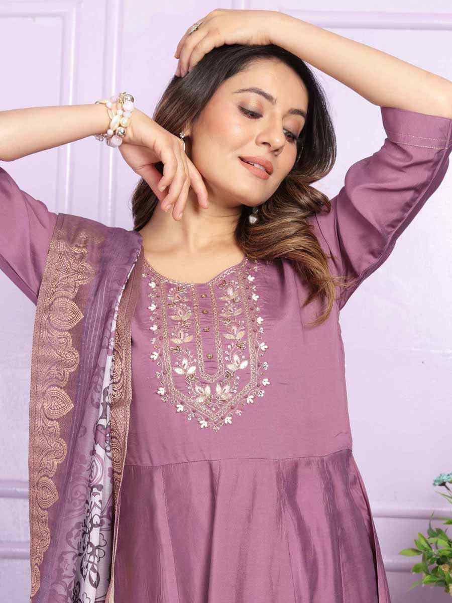 Purple Russian Silk Embroidered Festival Mehendi Ready Anarkali Salwar Kameez