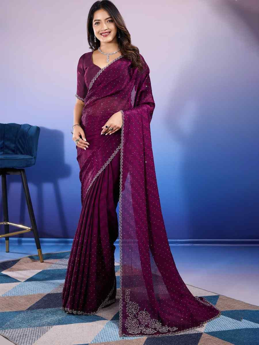 Purple Satin Chiffon Handwoven Festival Wedding Heavy Border Saree