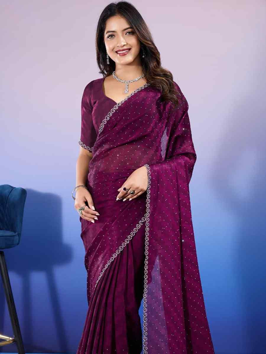 Purple Satin Chiffon Handwoven Festival Wedding Heavy Border Saree