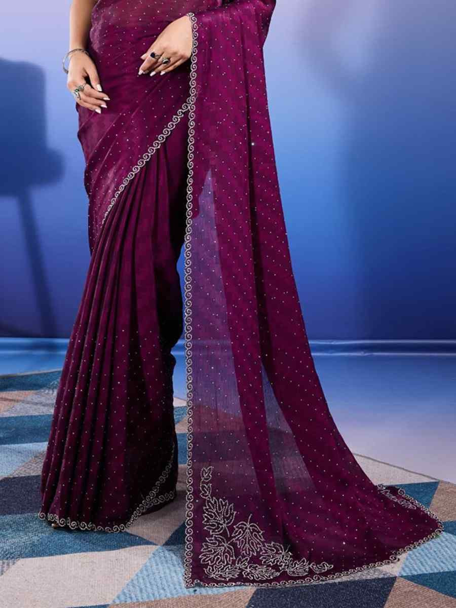 Purple Satin Chiffon Handwoven Festival Wedding Heavy Border Saree