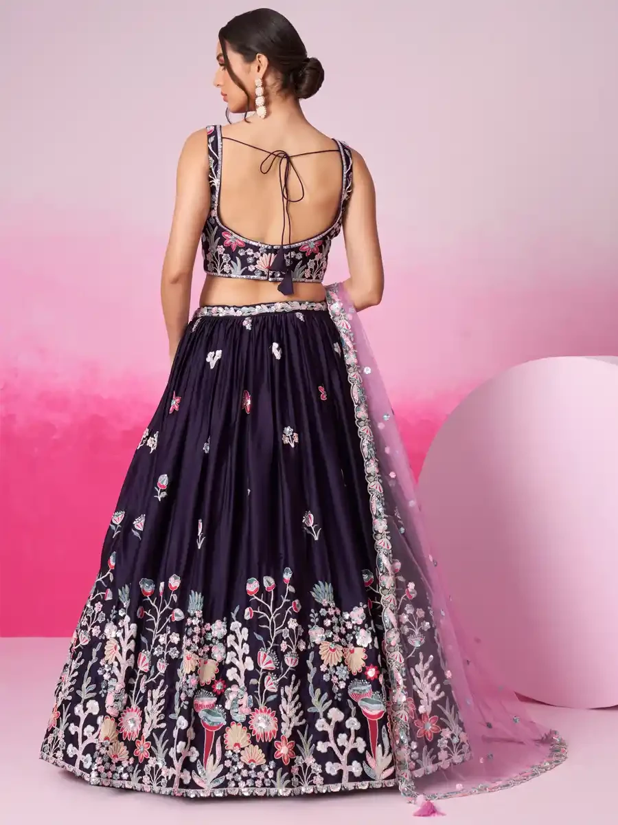 Purple Satin Embroidery Reception Party Wear Heavy Border Lehenga Choli