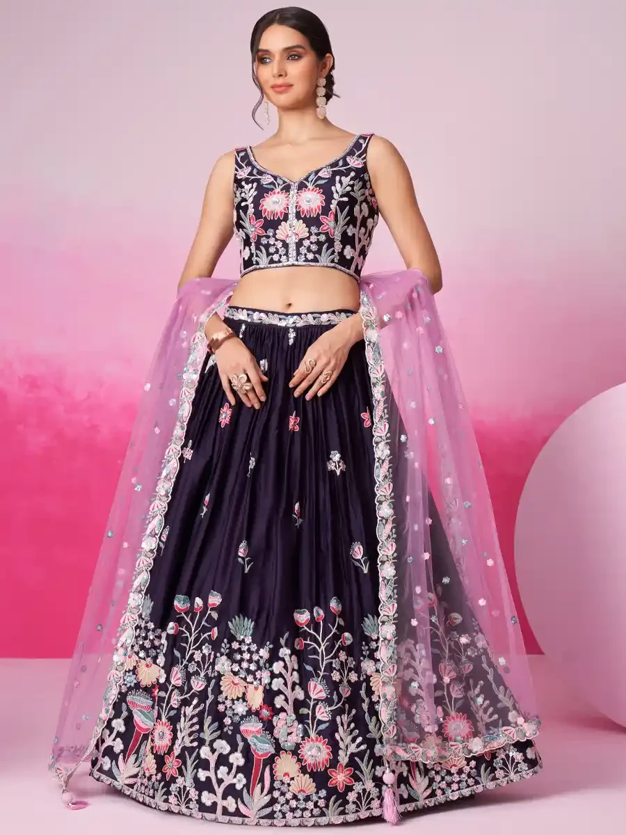 Purple Satin Embroidery Reception Party Wear Heavy Border Lehenga Choli