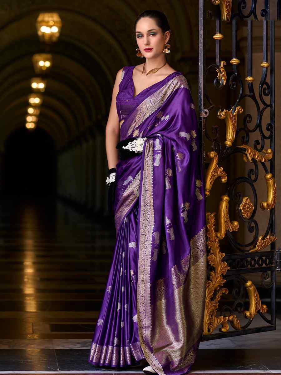 Purple Satin Silk Handwoven Festival Wedding Heavy Border Saree