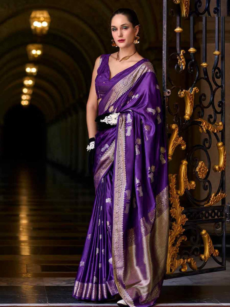 Purple Satin Silk Handwoven Festival Wedding Heavy Border Saree