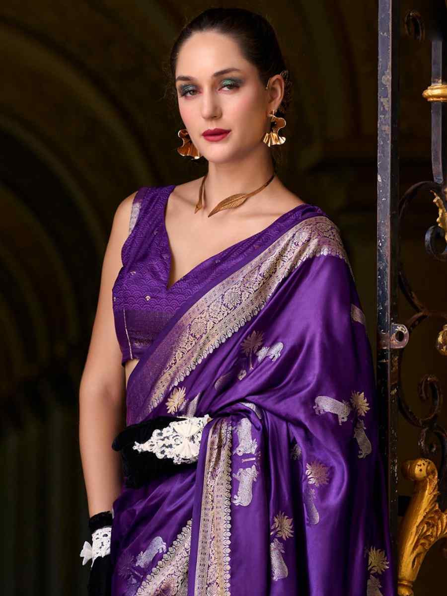 Purple Satin Silk Handwoven Festival Wedding Heavy Border Saree