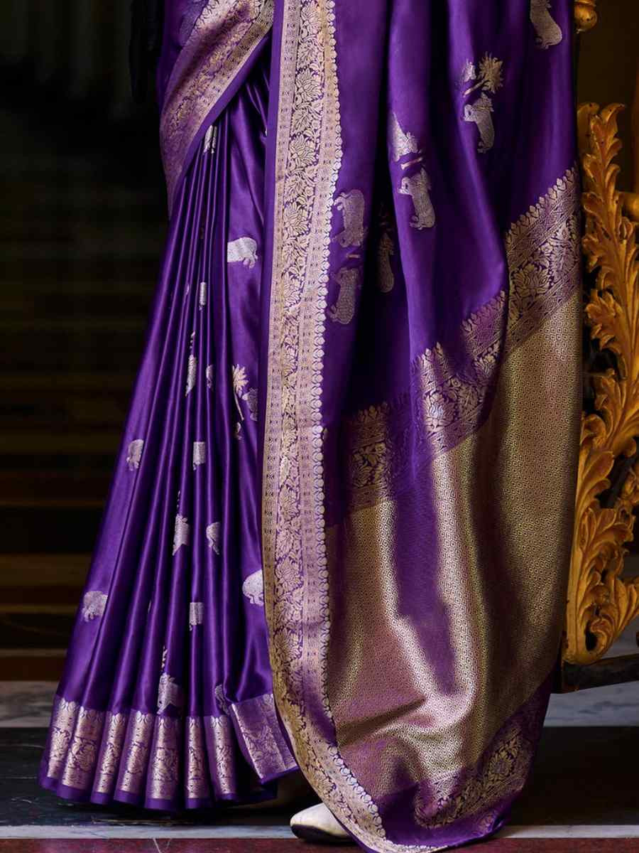 Purple Satin Silk Handwoven Festival Wedding Heavy Border Saree