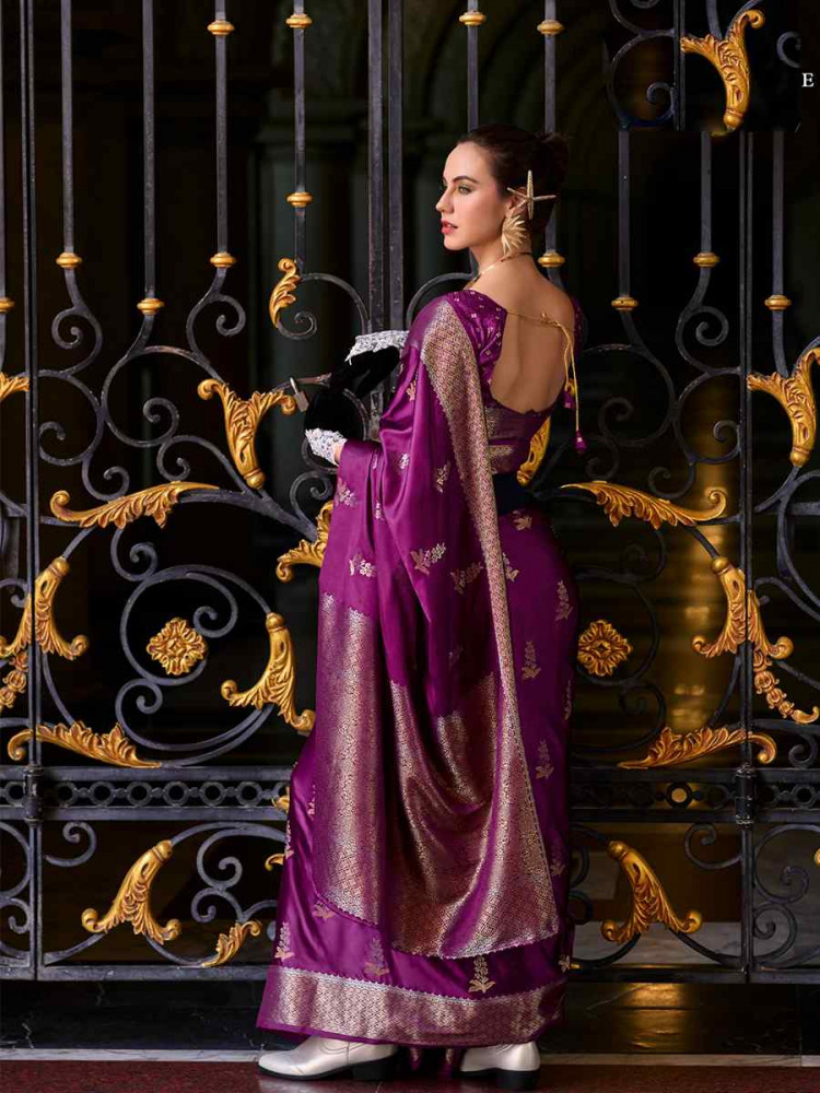 Purple Satin Silk Handwoven Festival Wedding Heavy Border Saree