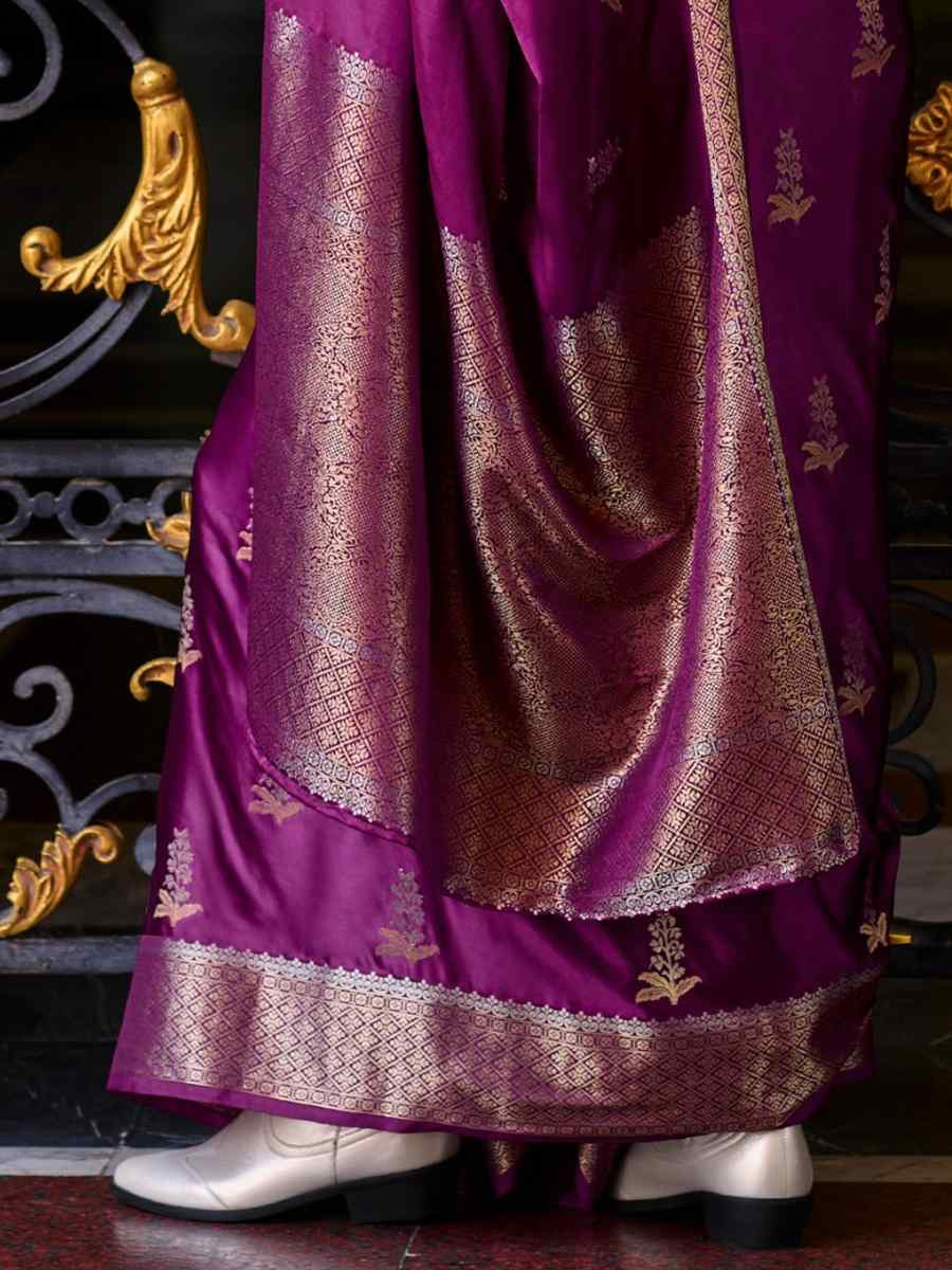 Purple Satin Silk Handwoven Festival Wedding Heavy Border Saree