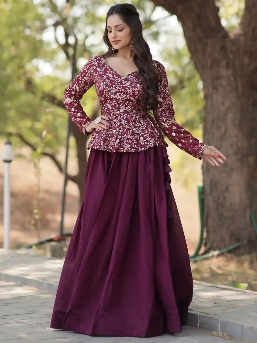 Purple Shimmer Vichitra Embroidery Reception Party Wear Kurti Lehenga Choli