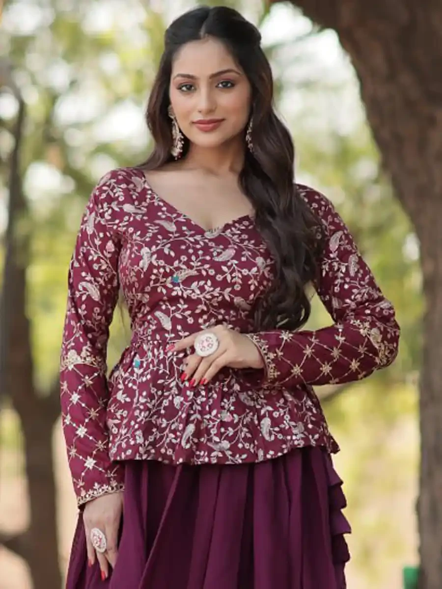 Purple Shimmer Vichitra Embroidery Reception Party Wear Kurti Lehenga Choli