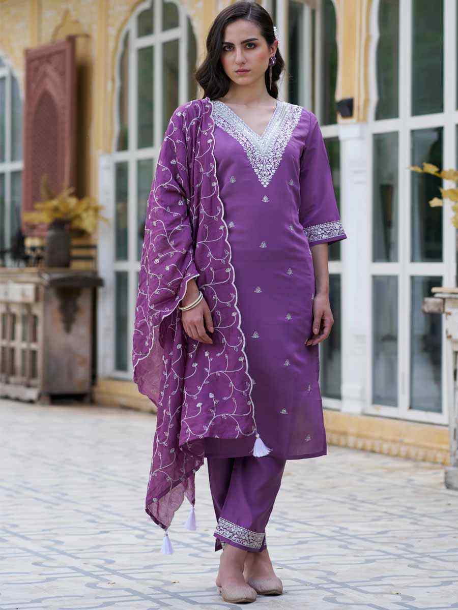 Purple Silk Blend Embroidered Festival Mehendi Ready Pant Salwar Kameez