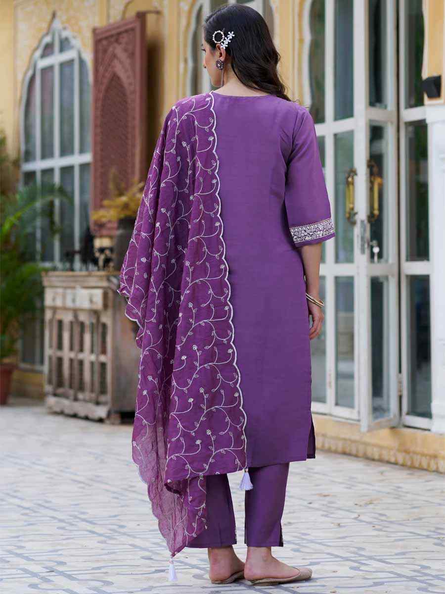 Purple Silk Blend Embroidered Festival Mehendi Ready Pant Salwar Kameez