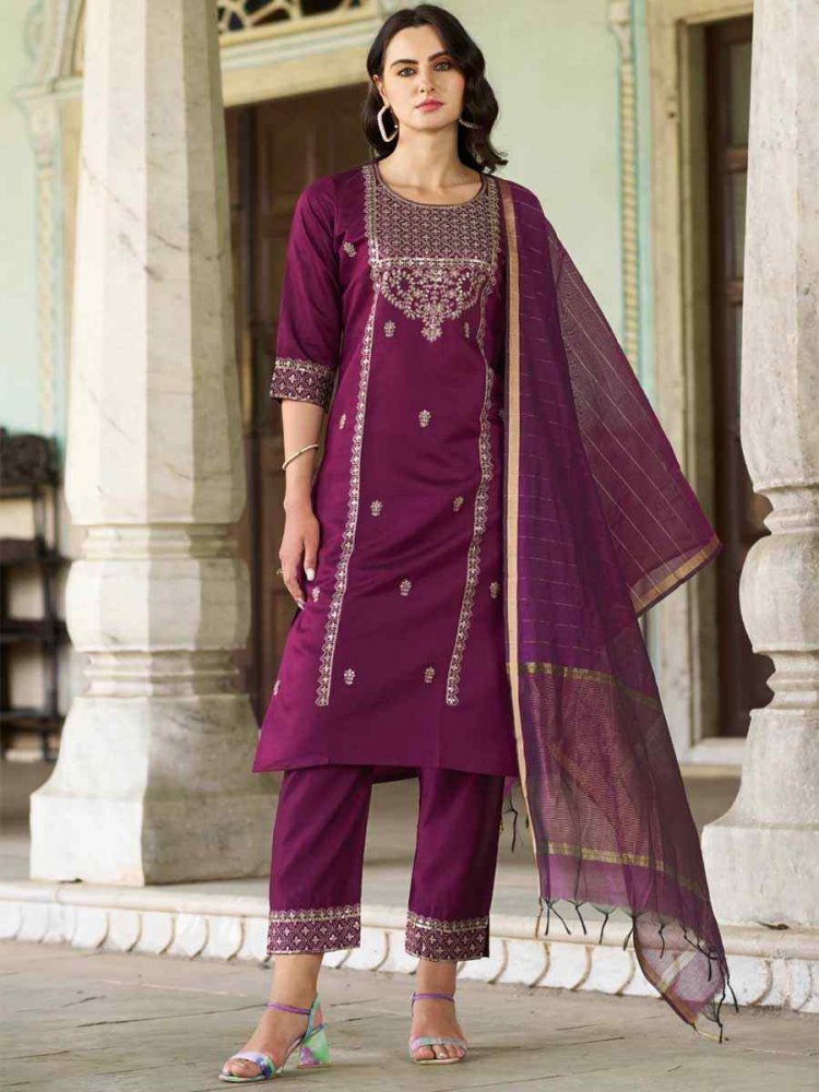 Purple Silk Blend Embroidered Festival Mehendi Ready Pant Salwar Kameez