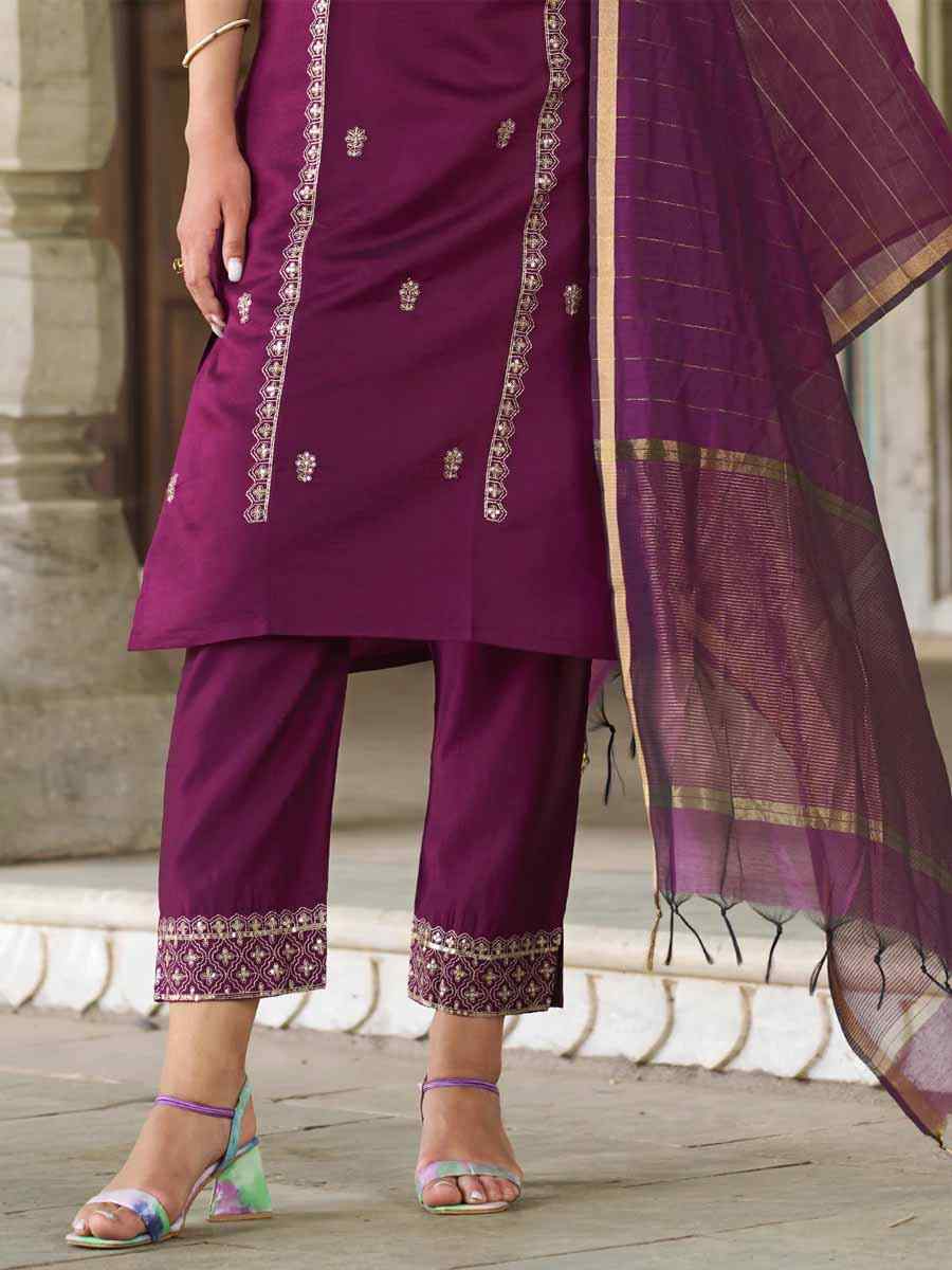 Purple Silk Blend Embroidered Festival Mehendi Ready Pant Salwar Kameez