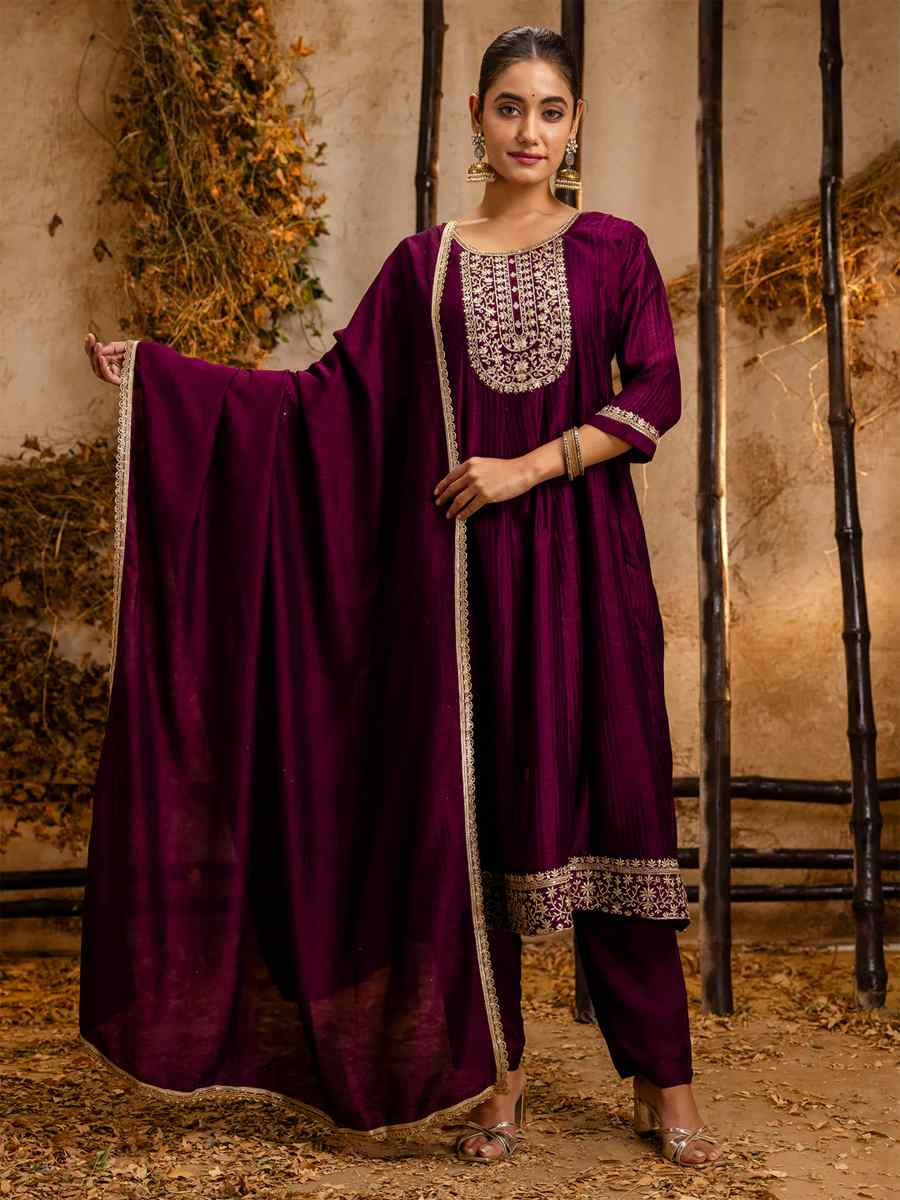 Purple Silk Blend Embroidered Party Casual Ready Anarkali Salwar Kameez