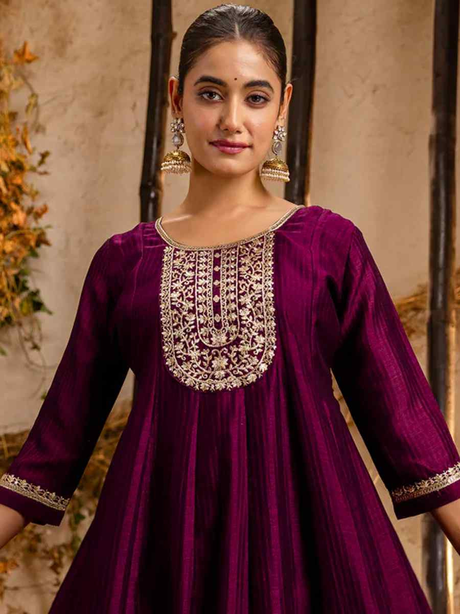 Purple Silk Blend Embroidered Party Casual Ready Anarkali Salwar Kameez