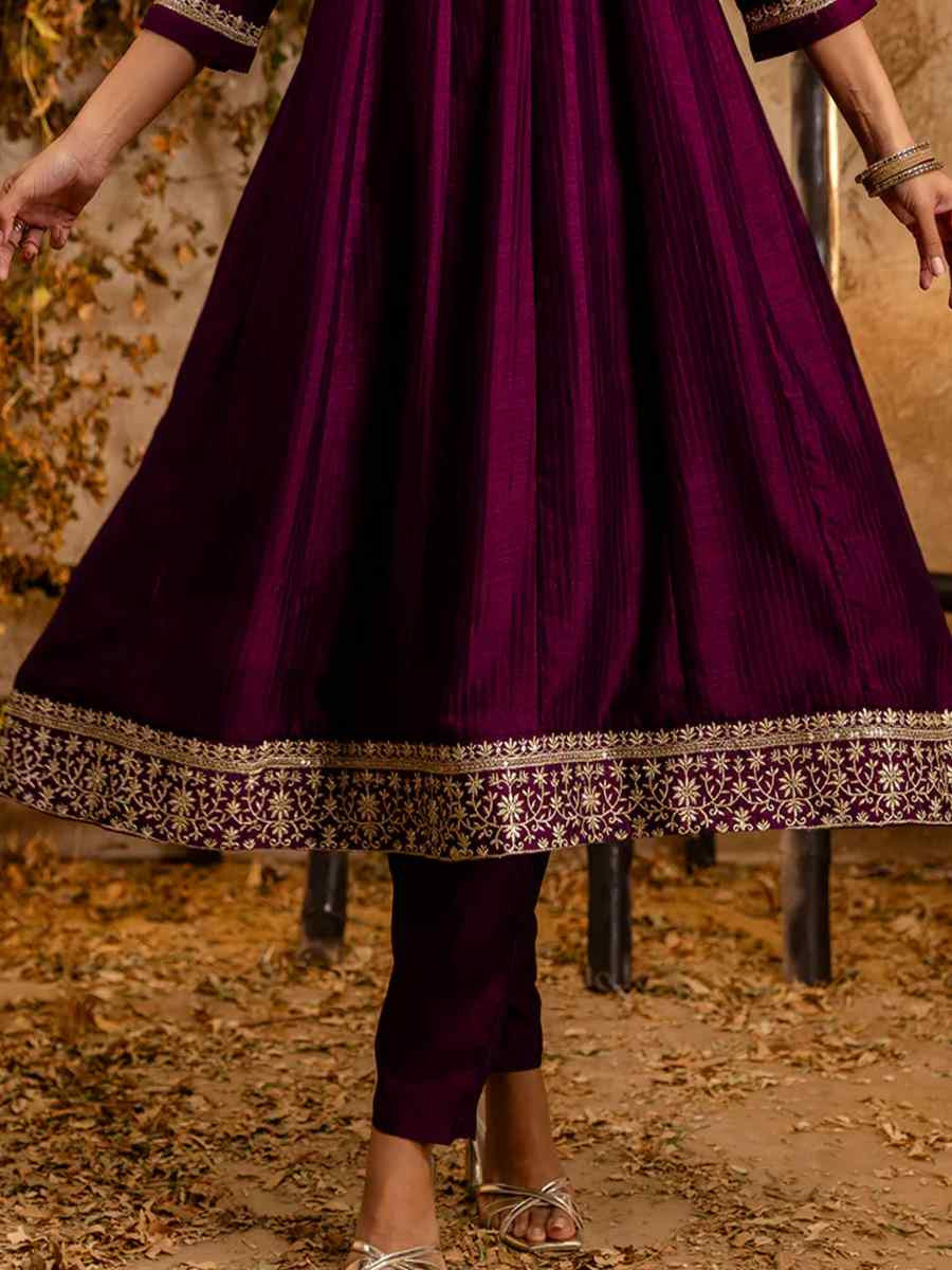 Purple Silk Blend Embroidered Party Casual Ready Anarkali Salwar Kameez