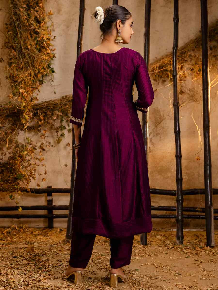 Purple Silk Blend Embroidered Party Casual Ready Anarkali Salwar Kameez