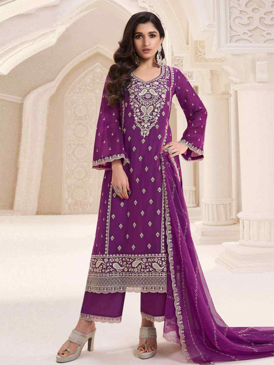 Purple Silk Chiffon Embroidered Festival Wedding Pant Salwar Kameez