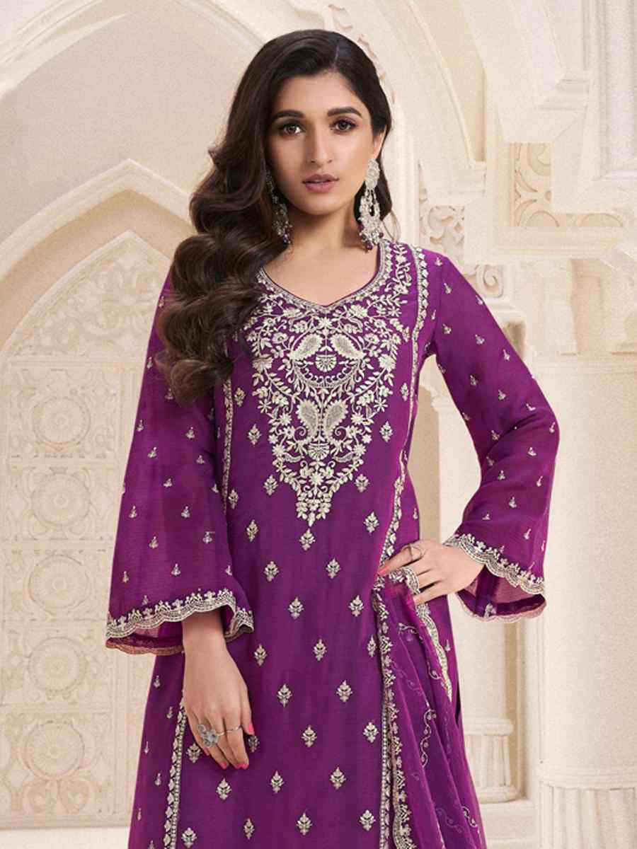 Purple Silk Chiffon Embroidered Festival Wedding Pant Salwar Kameez