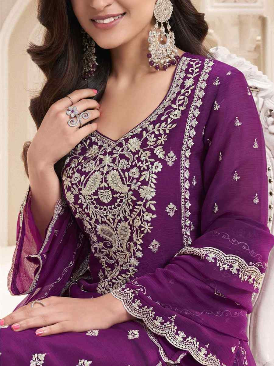 Purple Silk Chiffon Embroidered Festival Wedding Pant Salwar Kameez