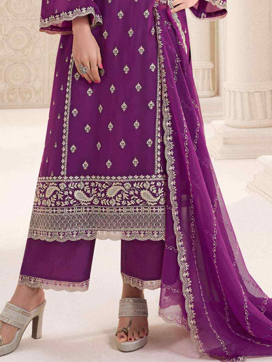 Purple Silk Chiffon Embroidered Festival Wedding Pant Salwar Kameez