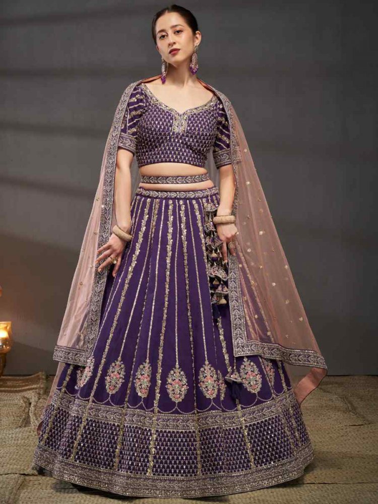 Purple Silk Embroidered Bridal Wedding Heavy Border Lehenga Choli