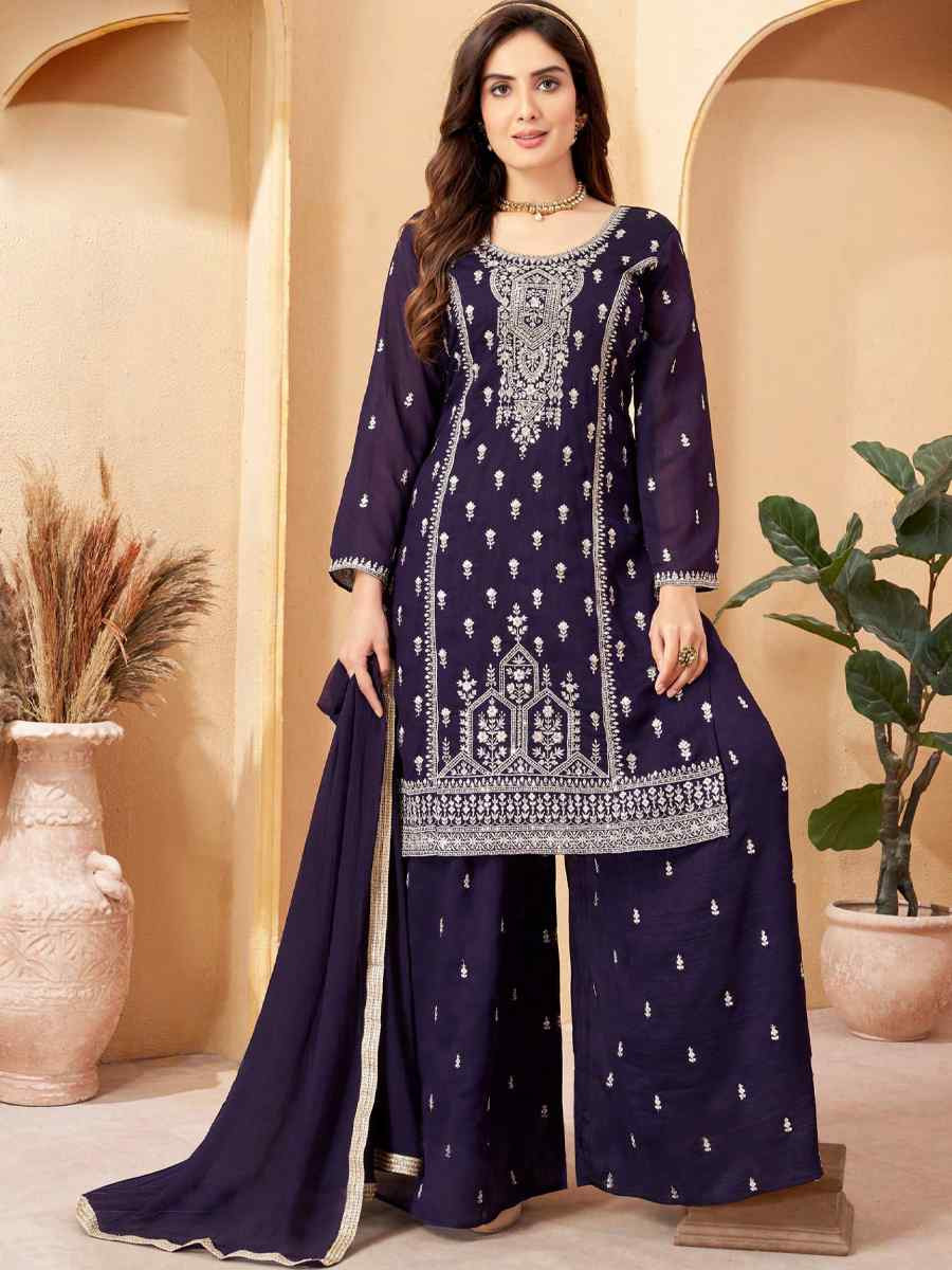 Purple Silk Embroidered Festival Casual Ready Palazzo Pant Salwar Kameez