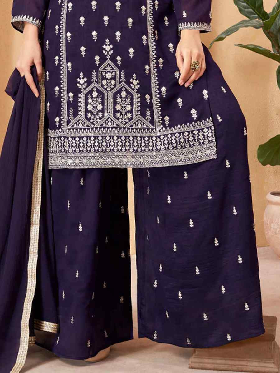 Purple Silk Embroidered Festival Casual Ready Palazzo Pant Salwar Kameez