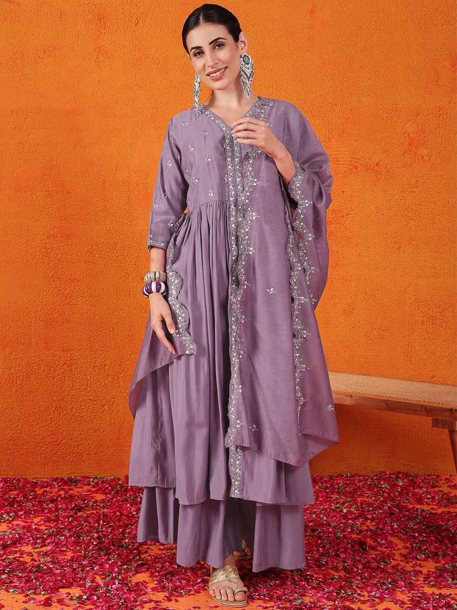 Purple Silk Embroidered Festival Wedding Ready Palazzo Pant Salwar Kameez