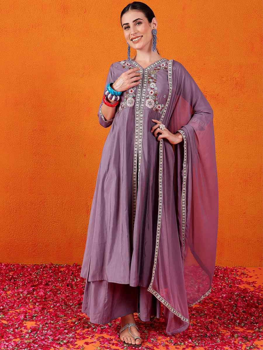 Purple Silk Embroidered Festival Wedding Ready Palazzo Pant Salwar Kameez